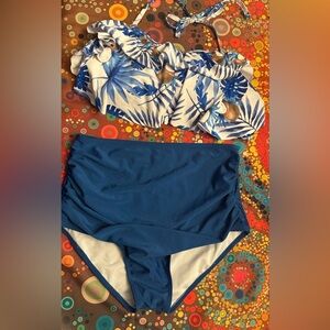 Blue White Coconuts Leaves 2 Piece Bikini Set Tropical Size M High Waisted